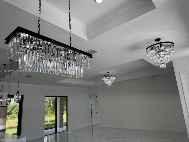 1016 Magnolia Ave, Lehigh Acres, FL 33974 - detailed view of a chandelier, crown molding, and a tray ceiling