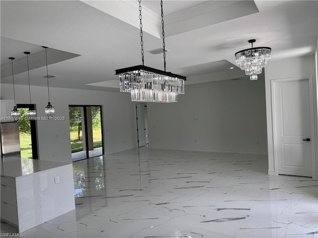 1016 Magnolia Ave, Lehigh Acres, FL 33974 - unfurnished dining area featuring a chandelier, baseboards, ornamental molding, and light marble finish flooring