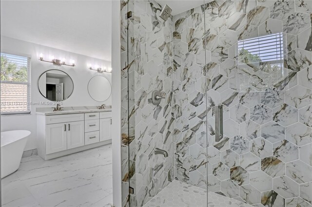 12173 Colony Preserve Dr, Boynton Beach, FL 33436 - bathroom featuring a marble finish shower, vanity, a freestanding tub, and marble finish floors