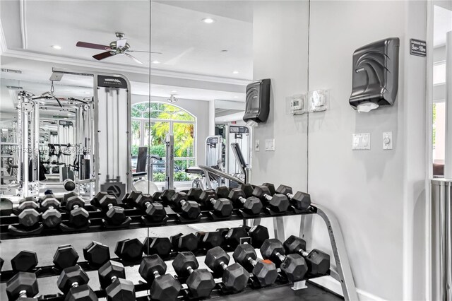 12173 Colony Preserve Dr, Boynton Beach, FL 33436 - workout area with a ceiling fan, ornamental molding, and recessed lighting