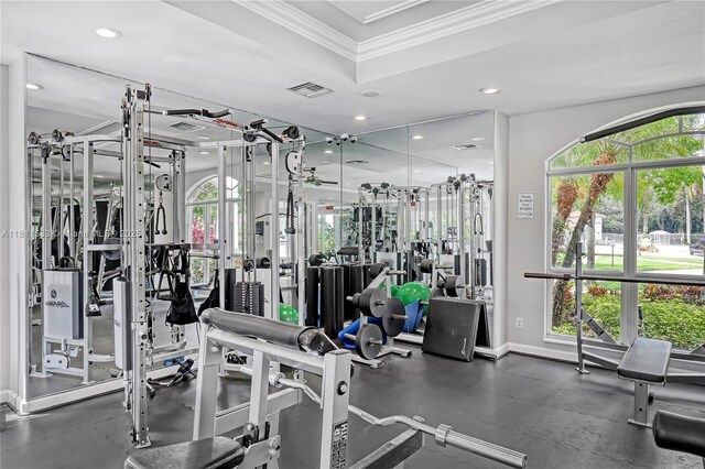 12173 Colony Preserve Dr, Boynton Beach, FL 33436 - workout area featuring crown molding, recessed lighting, and healthy amount of natural light