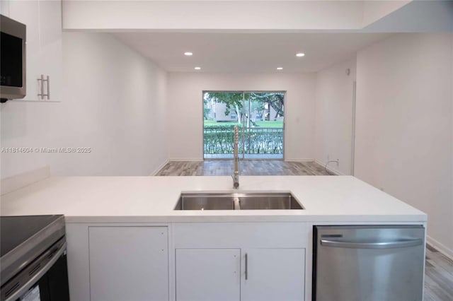 251 NW 76th Ave Unit 208, Margate, FL 33063 - kitchen featuring appliances with stainless steel finishes, light wood-style floors, light countertops, a sink, and recessed lighting