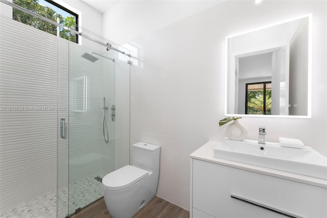 6200 Moss Ranch Rd, Pinecrest, FL 33156 - bathroom featuring vanity, a stall shower, wood finished floors, and toilet
