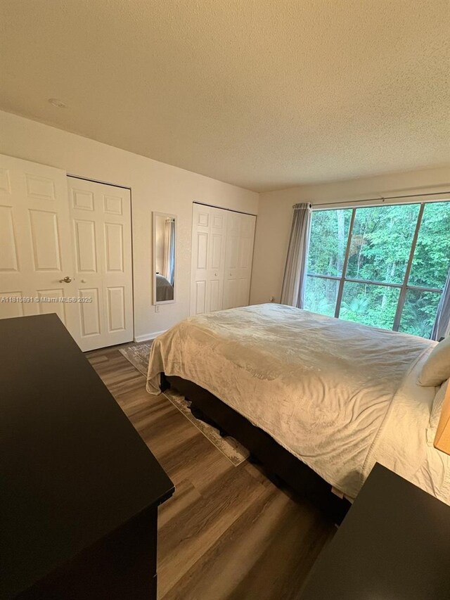 1810 NW 23rd Blvd Unit 103, Gainesville, FL 32605 - bedroom featuring dark wood-style floors, two closets, and a textured ceiling