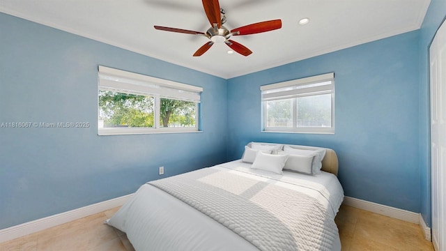 19520 SW 307th St, Homestead, FL 33030 - bedroom with multiple windows, light tile patterned floors, ornamental molding, recessed lighting, and a ceiling fan