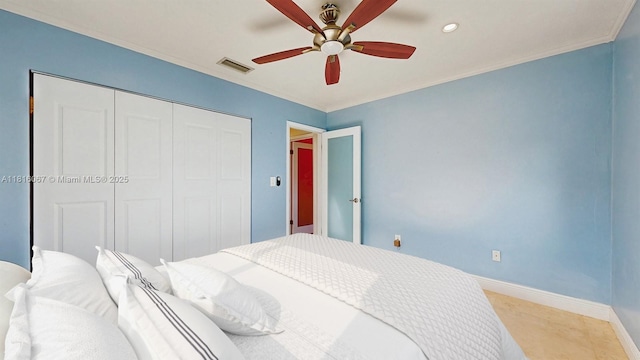 19520 SW 307th St, Homestead, FL 33030 - bedroom featuring a closet, recessed lighting, ornamental molding, and ceiling fan