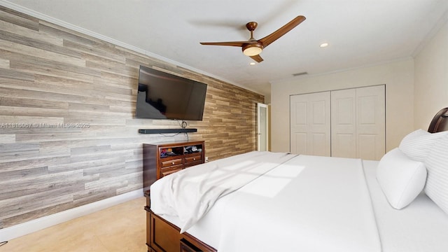 19520 SW 307th St, Homestead, FL 33030 - bedroom with crown molding, wood walls, a closet, a ceiling fan, and recessed lighting