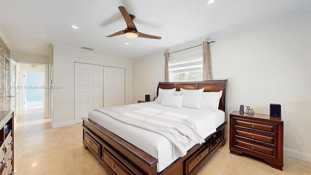 19520 SW 307th St, Homestead, FL 33030 - bedroom featuring a closet, crown molding, recessed lighting, and a ceiling fan