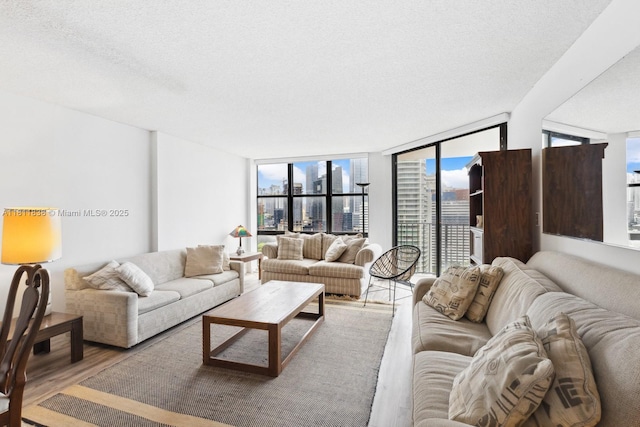 1901 Brickell Ave Unit B2413, Miami, FL 33129 - living room with wood finished floors, expansive windows, a skyline view, and a textured ceiling
