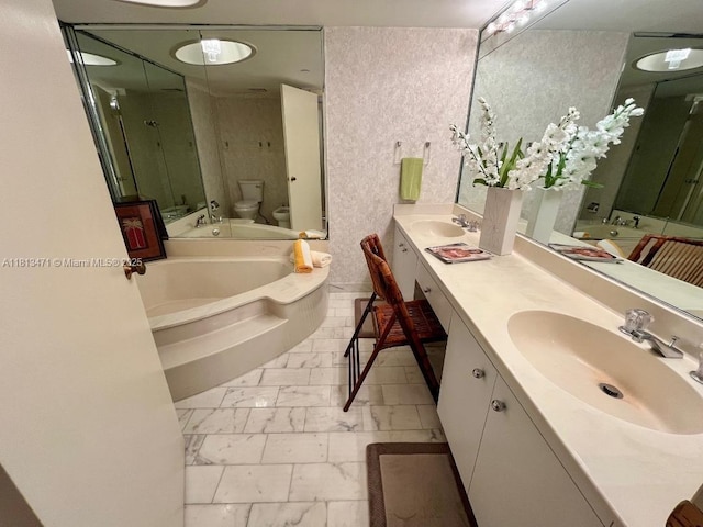 1000 Quayside Te Unit 410, Miami, FL 33138 - bathroom featuring toilet, a garden tub, a shower stall, double vanity, and marble finish floors
