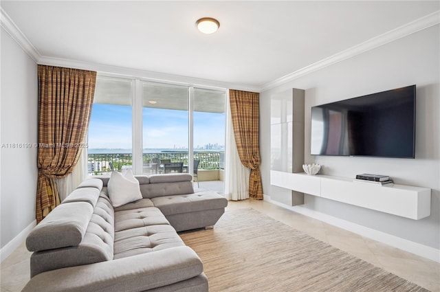 781 Crandon Blvd Unit 1802, Key Biscayne, FL 33149 - living area featuring light tile patterned floors, ornamental molding, and baseboards