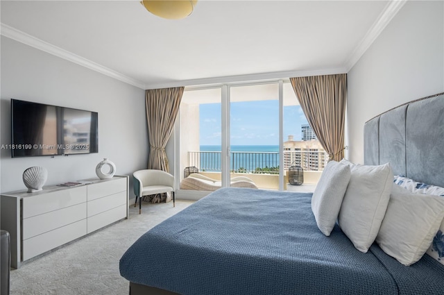 781 Crandon Blvd Unit 1802, Key Biscayne, FL 33149 - bedroom featuring ornamental molding, a water view, carpet, a wall of windows, and access to exterior