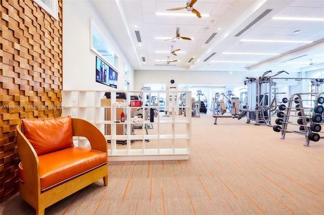 781 Crandon Blvd Unit 1802, Key Biscayne, FL 33149 - gym featuring ceiling fan, carpet, and a high ceiling