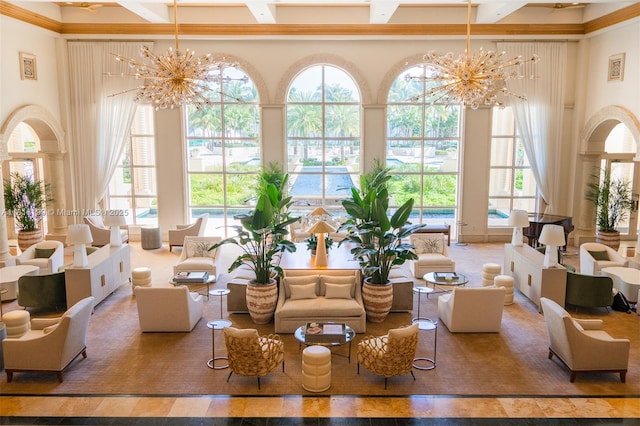 781 Crandon Blvd Unit 1802, Key Biscayne, FL 33149 - building lobby featuring a high ceiling, beamed ceiling, and crown molding