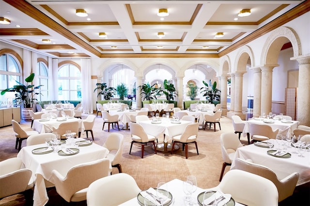 781 Crandon Blvd Unit 1802, Key Biscayne, FL 33149 - dining room featuring ornate columns, coffered ceiling, ornamental molding, beamed ceiling, and healthy amount of natural light