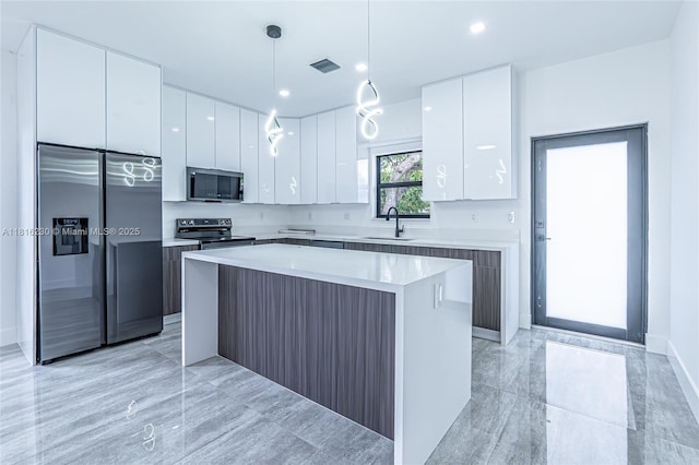 2725 NW 7th St, Fort Lauderdale, FL 33311 - kitchen with stainless steel refrigerator with ice dispenser, black microwave, modern cabinets, electric range oven, and a sink