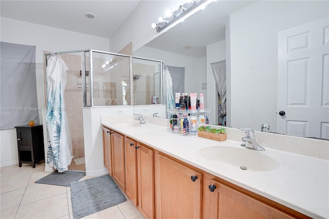 4441 SW Savona Blvd, Port St Lucie, FL 34953 - full bathroom featuring a shower stall, double vanity, and tile patterned flooring