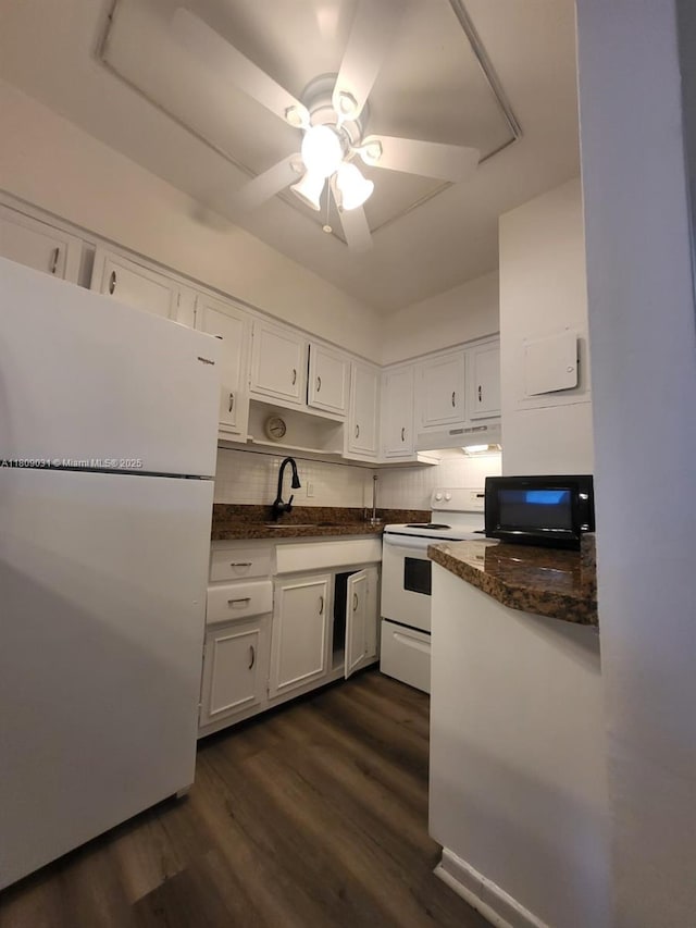 600 Layne Blvd Unit 118, Hallandale Beach, FL 33009 - kitchen with white appliances, white cabinets, dark wood finished floors, a sink, and ceiling fan