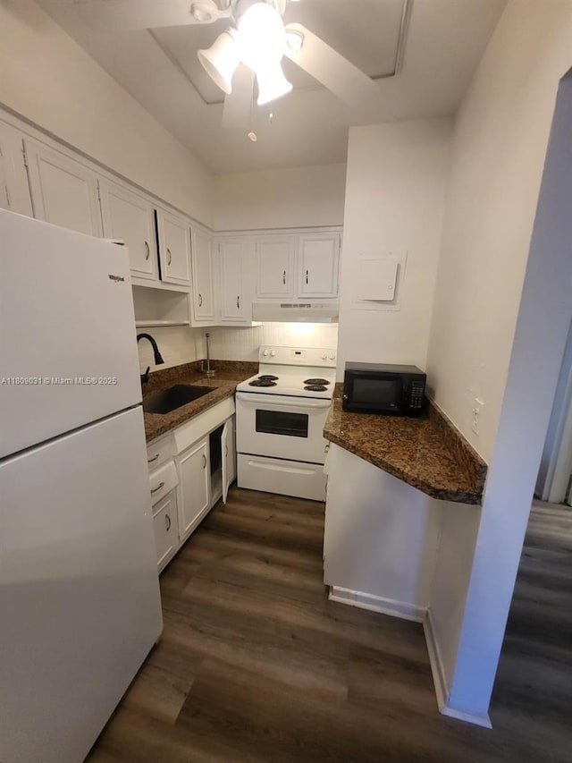 600 Layne Blvd Unit 118, Hallandale Beach, FL 33009 - kitchen with white appliances, a sink, under cabinet range hood, white cabinetry, and a ceiling fan