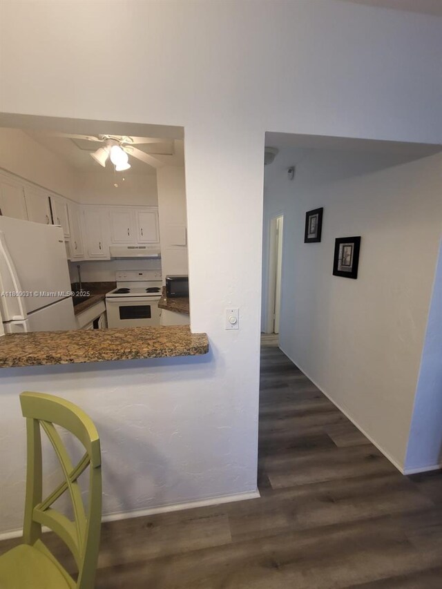 600 Layne Blvd Unit 118, Hallandale Beach, FL 33009 - kitchen with white appliances, ceiling fan, under cabinet range hood, dark wood-style flooring, and white cabinetry