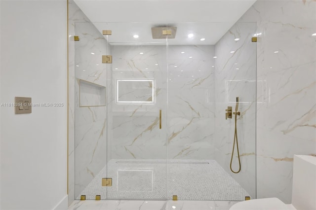 17084 N 33rd Rd N, Loxahatchee, FL 33470 - full bathroom featuring a marble finish shower, marble finish flooring, toilet, and recessed lighting