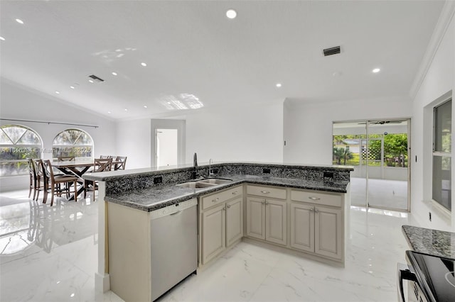 17084 N 33rd Rd N, Loxahatchee, FL 33470 - kitchen featuring dishwasher, a sink, light marble finish floors, ornamental molding, and an island with sink