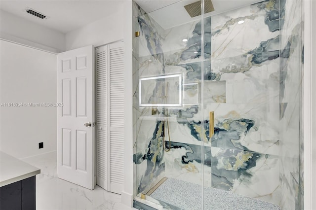 17084 N 33rd Rd N, Loxahatchee, FL 33470 - bathroom featuring a closet, a marble finish shower, marble finish flooring, and vanity