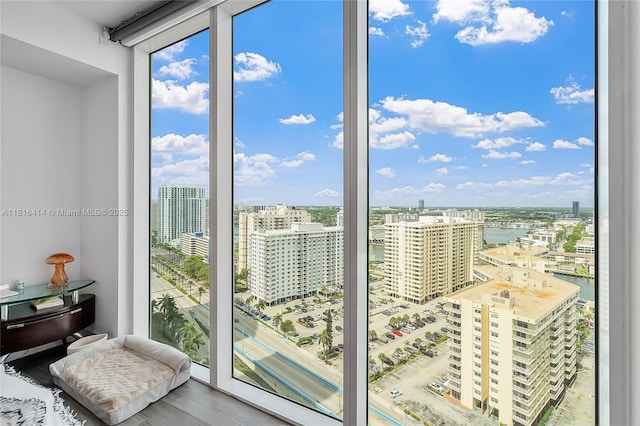 1800 S Ocean Dr Unit 2208, Hallandale Beach, FL 33009 - entryway featuring a city view, a water view, wood finished floors, and floor to ceiling windows