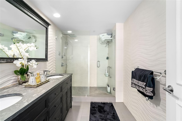 1800 S Ocean Dr Unit 2208, Hallandale Beach, FL 33009 - full bathroom featuring double vanity, a shower stall, tile patterned floors, and recessed lighting
