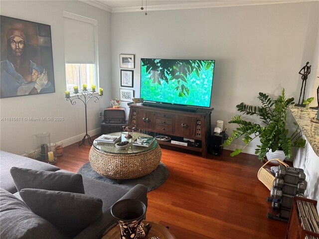 973 SW 149th Ct, Miami, FL 33194 - living room with ornamental molding, wood finished floors, and baseboards