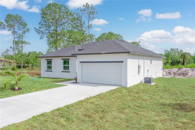 3417 71st St W, Lehigh Acres, FL 33971 - view of front of home with stucco siding, concrete driveway, a front yard, a shingled roof, and a garage