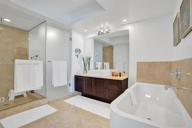 150 Sunny Isles Blvd Unit 1-1803, Sunny Isles Beach, FL 33160 - full bathroom with a bath, vanity, walk in shower, tile patterned floors, and recessed lighting
