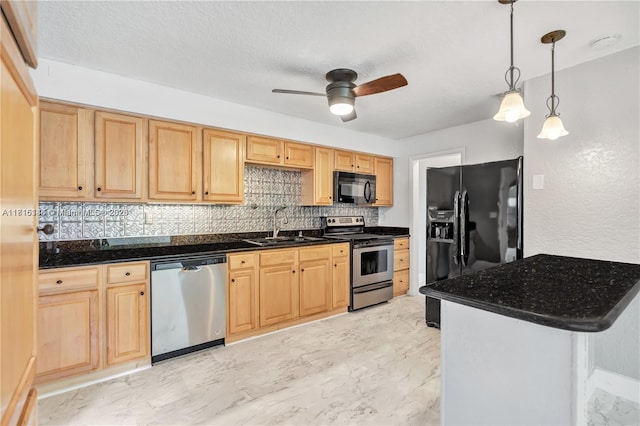 735 NE 38th St, Oakland Park, FL 33334 - kitchen featuring black appliances, a sink, tasteful backsplash, light marble finish floors, and a ceiling fan
