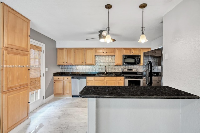 735 NE 38th St, Oakland Park, FL 33334 - kitchen featuring black appliances, backsplash, a peninsula, and light brown cabinets