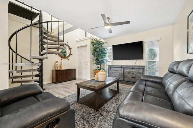 4803 SW Santa Barbara Ct Unit 5, Cape Coral, FL 33914 - living area featuring stairs, wood finished floors, and ceiling fan