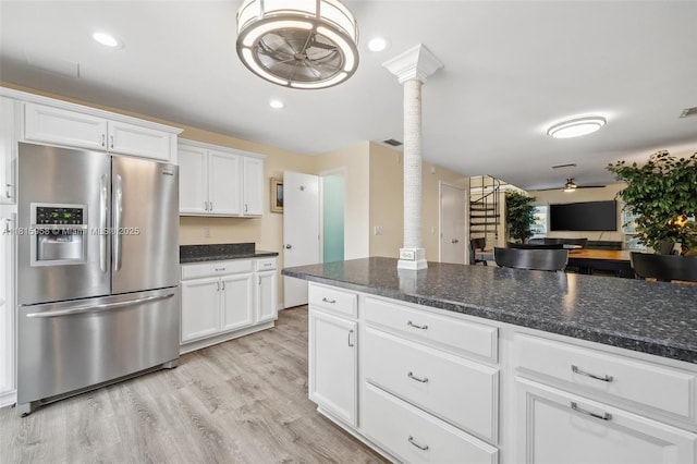 4803 SW Santa Barbara Ct Unit 5, Cape Coral, FL 33914 - kitchen featuring stainless steel fridge, ceiling fan, decorative columns, white cabinetry, and light wood finished floors