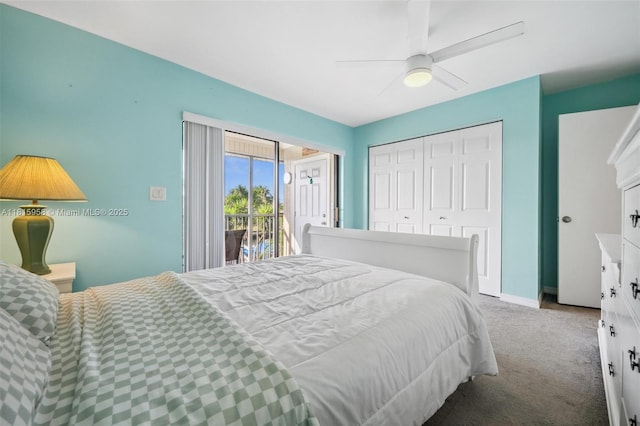 4803 SW Santa Barbara Ct Unit 5, Cape Coral, FL 33914 - bedroom with carpet floors, access to outside, a closet, and ceiling fan