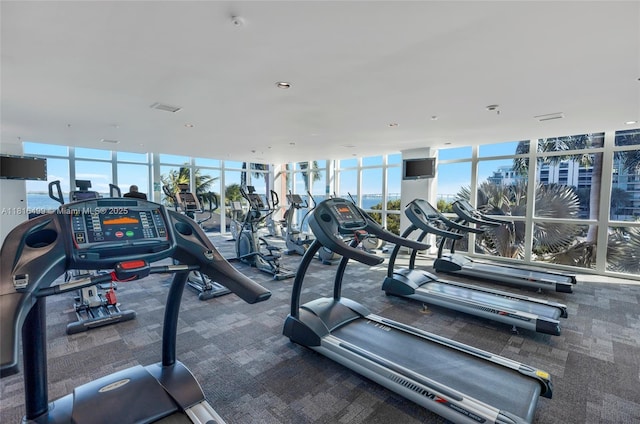 1155 Brickell Bay Dr Unit 3002, Miami, FL 33131 - workout area featuring carpet flooring and expansive windows