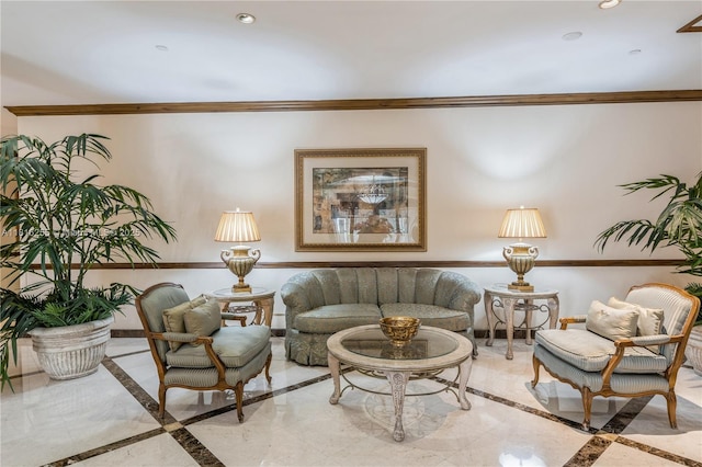 18151 NE 31st Ct Unit 205, Aventura, FL 33160 - living area with inlaid floor details, ornamental molding, and recessed lighting