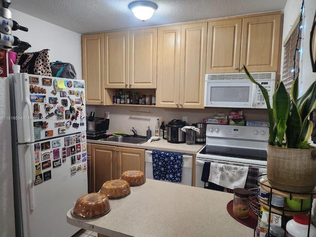110 SE 2nd St Unit 210, Hallandale Beach, FL 33009 - kitchen featuring white appliances, a sink, light countertops, a textured ceiling, and light brown cabinets