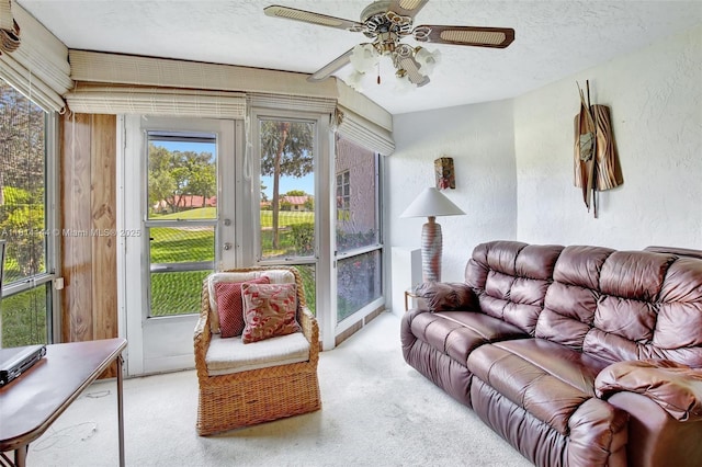 9510 Seagrape Dr Unit 101, Davie, FL 33324 - carpeted living room with a textured ceiling, ceiling fan, and a textured wall