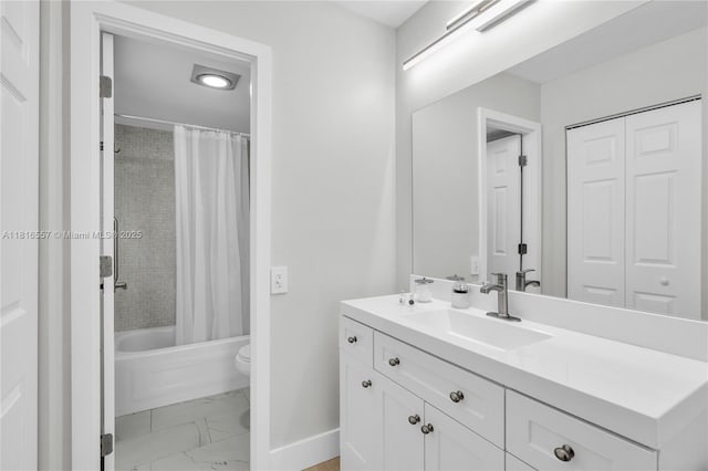 9091 Lime Bay Blvd Unit 211, Tamarac, FL 33321 - bathroom with marble finish flooring, toilet, vanity, baseboards, and shower / tub combo with curtain