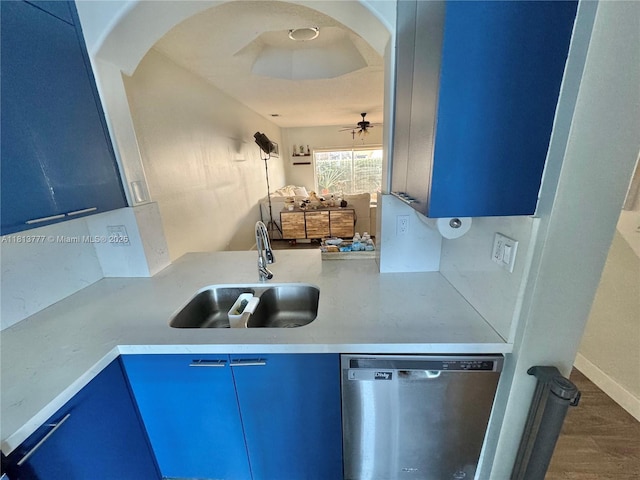 120 SW 109th Ave Unit 3, Sweetwater, FL 33174 - kitchen featuring stainless steel dishwasher, blue cabinets, a sink, and light countertops