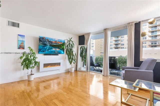 430 Golden Isles Dr Unit 301, Hallandale Beach, FL 33009 - living room with wood finished floors and a warm lit fireplace