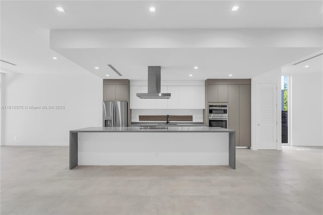 3122 Carter St, Miami, FL 33133 - kitchen featuring range hood, appliances with stainless steel finishes, modern cabinets, gray cabinetry, and recessed lighting