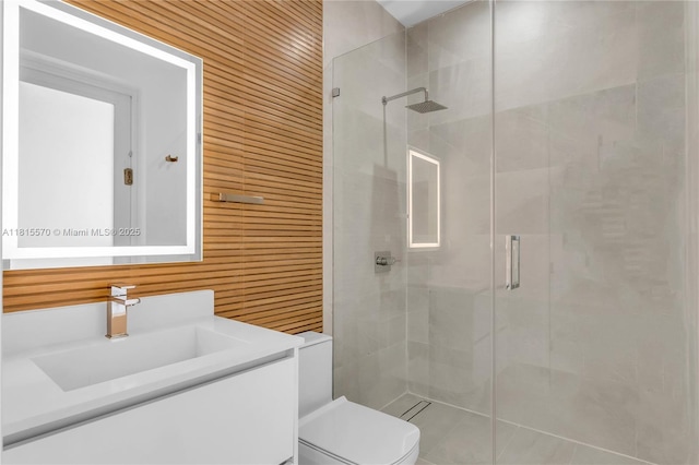 3122 Carter St, Miami, FL 33133 - full bathroom with a stall shower, vanity, toilet, and wood walls