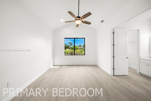 4308 3rd St SW, Lehigh Acres, FL 33976 - unfurnished room featuring a ceiling fan, light wood-style flooring, lofted ceiling, and baseboards