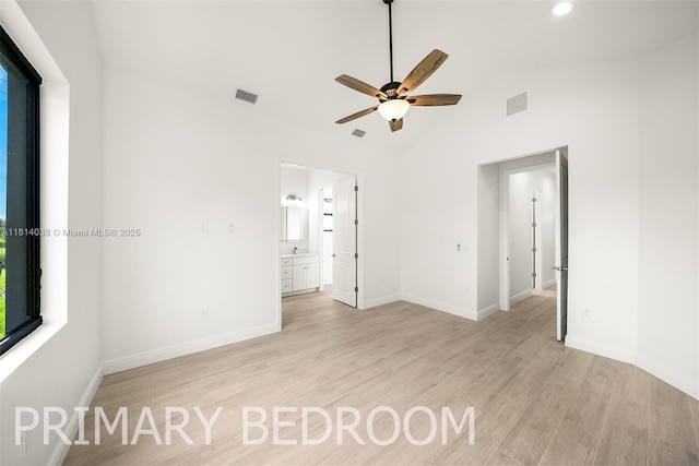 4308 3rd St SW, Lehigh Acres, FL 33976 - spare room featuring a ceiling fan, light wood-style flooring, baseboards, recessed lighting, and high vaulted ceiling