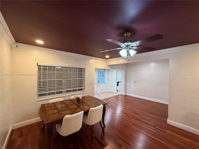 1435 NE 182nd St, North Miami Beach, FL 33162 - dining area with crown molding, baseboards, wood finished floors, and a ceiling fan