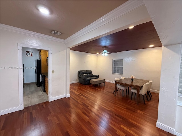 1435 NE 182nd St, North Miami Beach, FL 33162 - dining area featuring crown molding, wood finished floors, ceiling fan, baseboards, and recessed lighting